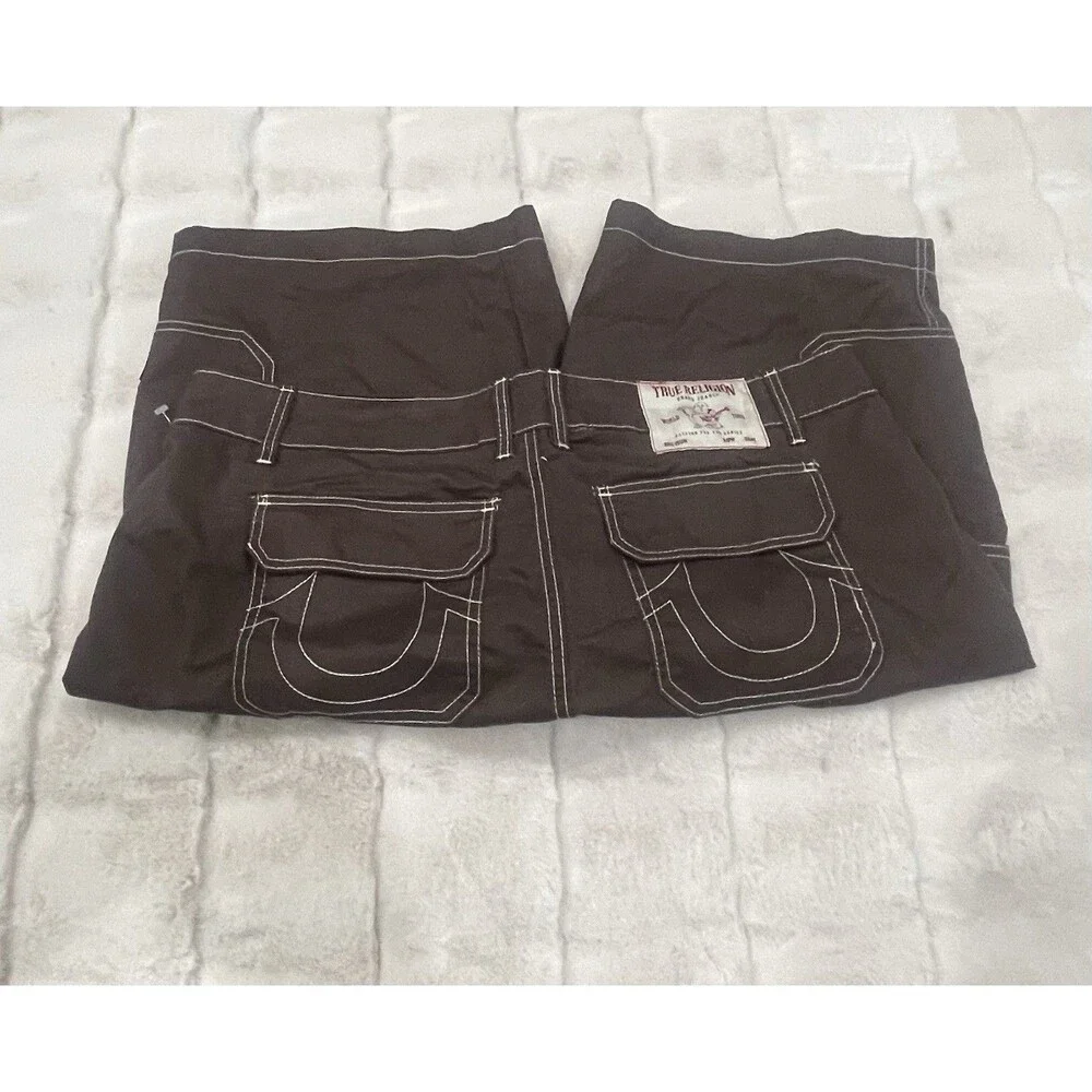 True Religion Cargo Shorts Brown Cotton Canvas Contrast Stitching Utility Men 38